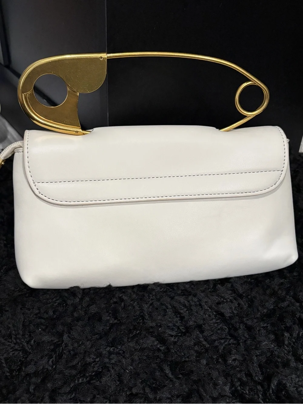 Off-White/Cream Faux Leather Safety Pin Top-Handle Women’s Bag with Gold Accent
